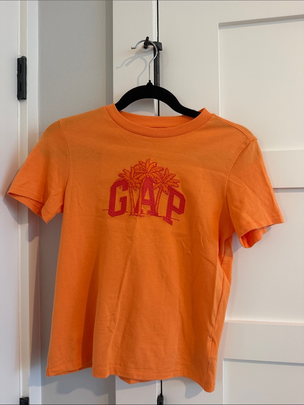 GAP Embroidered Orange Baby Tee with Hot Pink Logo and Palm Design